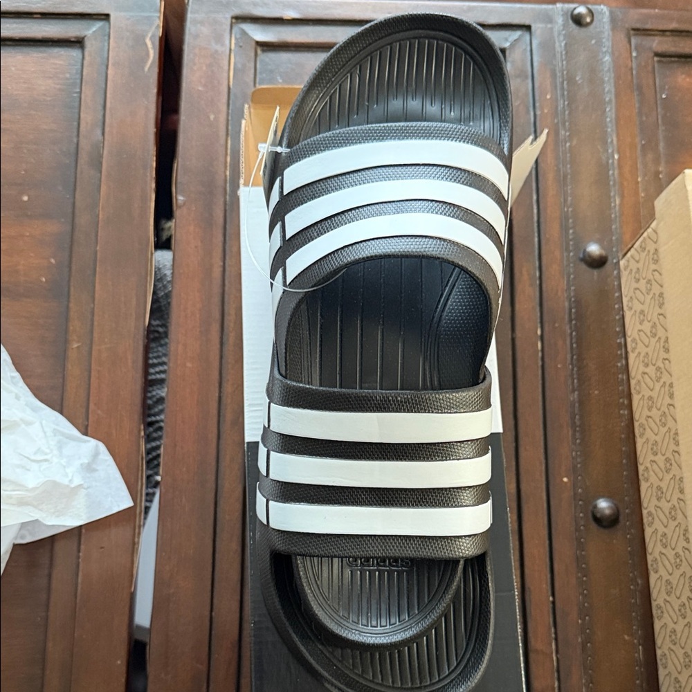 Adidas Black and White Striped Slides